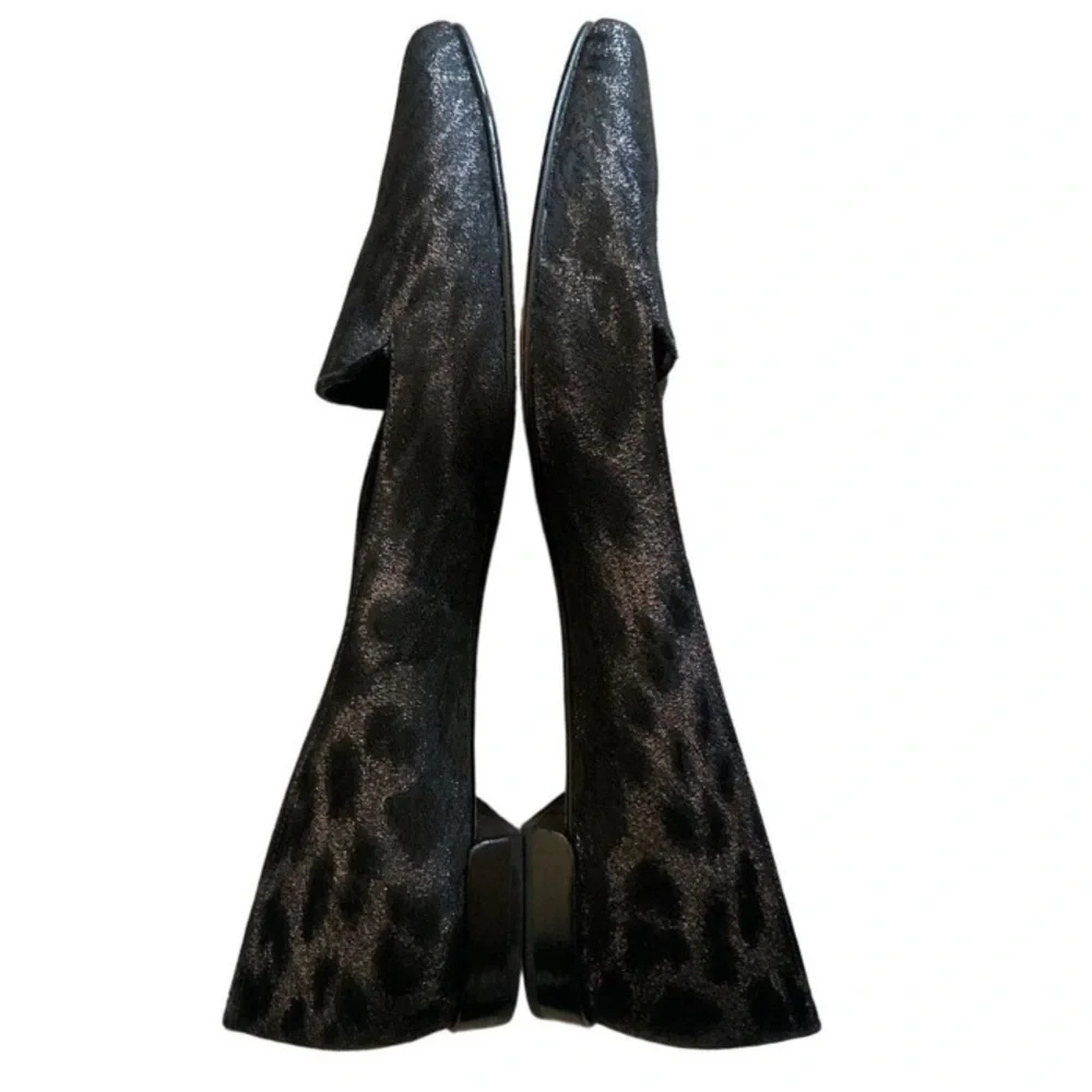 Stuart Weitzman Italian Leather Metallic Black Leopard Print Pointed Toe Flats 8
